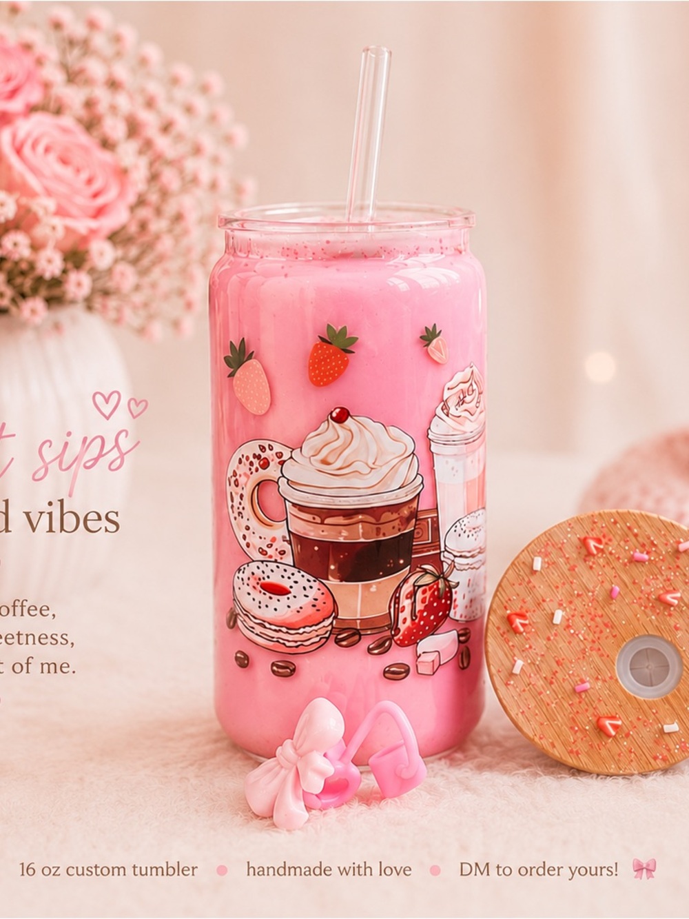 Hand Crafted Pink Strawberry Coffee-Themed Tumbler with Clear Straw